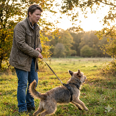 Ein junger Hund an der Leine zieht nach vorne, während eine Person in Outdoor-Kleidung ihn hält, umgeben von herbstlicher Natur mit Bäumen und Wiese.
