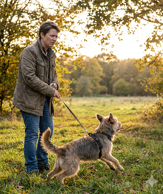 Ein junger Hund an der Leine zieht nach vorne, während eine Person in Outdoor-Kleidung ihn hält, umgeben von herbstlicher Natur mit Bäumen und Wiese.