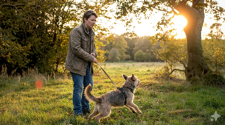 Ein junger Hund an der Leine zieht nach vorne, während eine Person in Outdoor-Kleidung ihn hält, umgeben von herbstlicher Natur mit Bäumen und Wiese.
